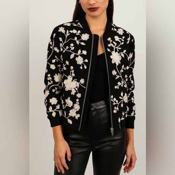 Tulle Jackets & Blazers - Tulle Black Bomber Jacket with White Floral Embroidery | Size Large